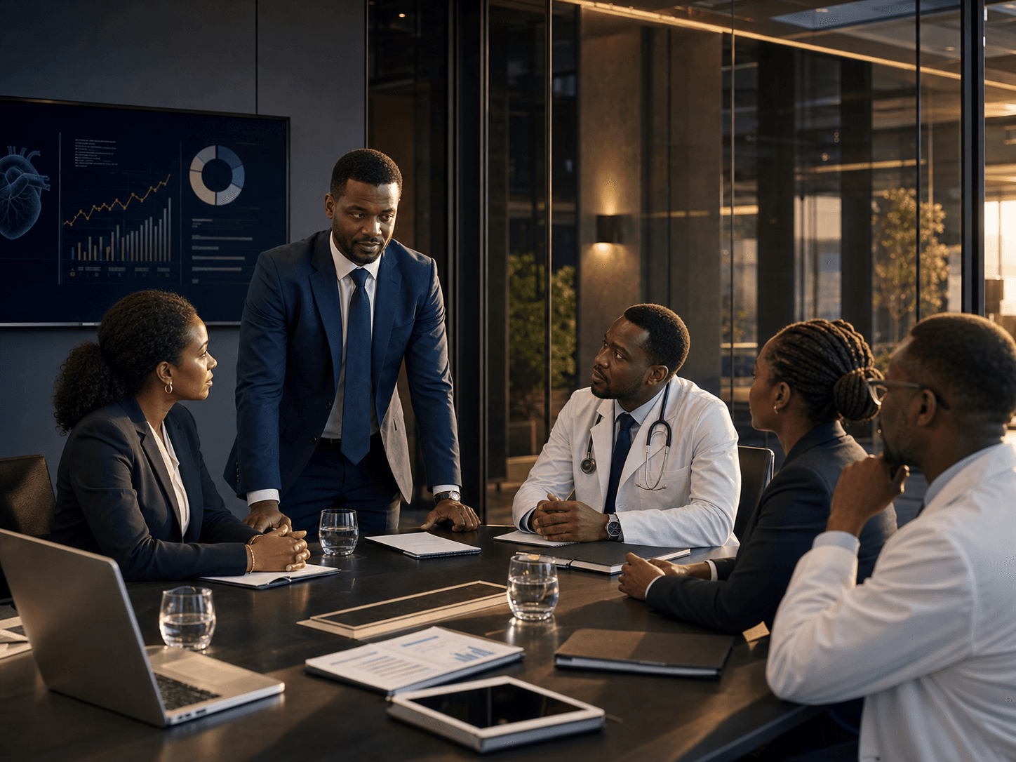 African healthcare leaders reviewing operational plans together