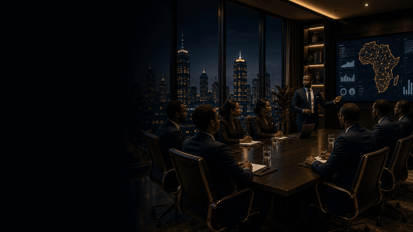 Executives in a boardroom reviewing strategic transformation plans